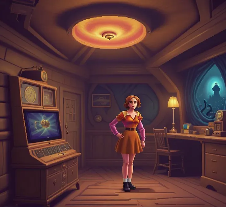 <lora:Lucasarts Artstyle - SD1.5 LoRA - Trigger is lcas artstyle:1> lcas artstyle, emma watson in a 1990s Apple computer adventure games. She's seeking a lost treasure chest that's inside a spooky house in front of her. Nostalgic.