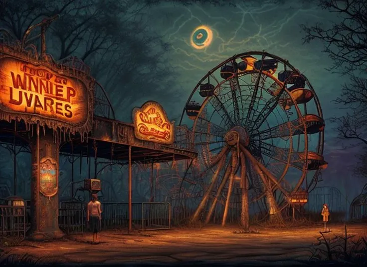 <lora:Lucasarts Artstyle - SD1.5 LoRA - Trigger is lcas artstyle:1> , lcas artsyle, wandering through a decrepit amusement park, where the rusty rides and decaying structures are enveloped in an eerie silence.