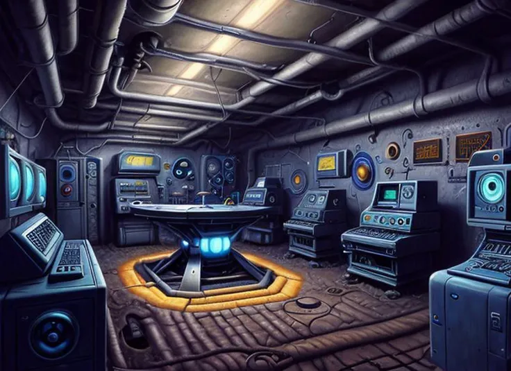 <lora:Lucasarts Artstyle - SD1.5 LoRA - Trigger is lcas artstyle:1> , lcas artsyle, stumbles upon a secret underground laboratory filled with futuristic equipment and humming machinery.