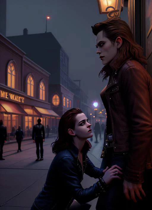 <lora:Lucasarts Artstyle - SD1.5 LoRA - Trigger is lcas artstyle:1.5> lcas artstyle, Vampire Kristen Stewart from the movie /"Twilight"/ is seen preying on a man for his blood at the downtown mall. Establishing Shot, EarlySummer, Natural Lighting, Fill