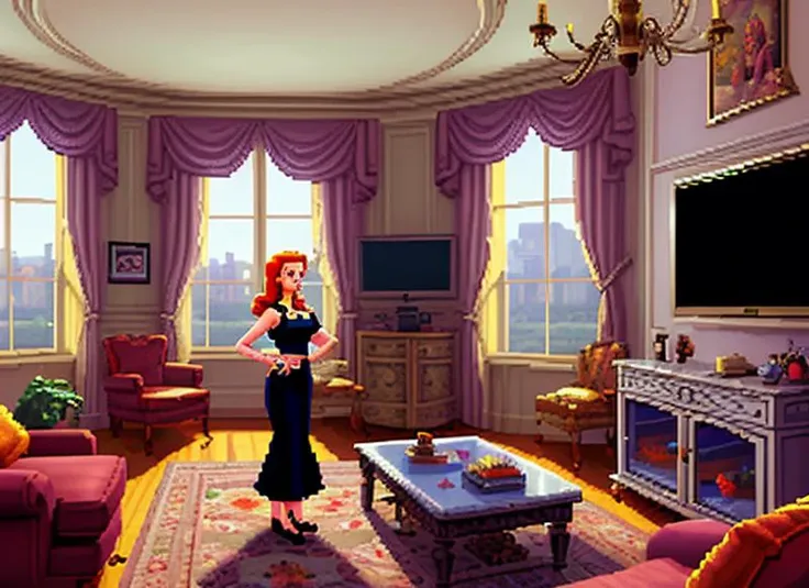 <lora:Lucasarts Artstyle - SD1.5 LoRA - Trigger is lcas artstyle:1> a woman standing in a living room with a television and a couch in front of a window with a view of the eiffel tower, game art, pixel art, lucasarts adventure game. lcas artstyle