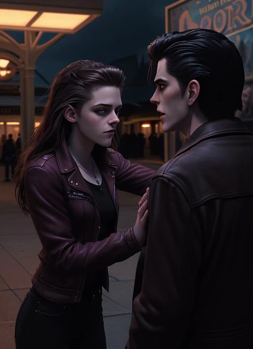 <lora:Lucasarts Artstyle - SD1.5 LoRA - Trigger is lcas artstyle:1> lcas artstyle, Vampire Kristen Stewart from the movie /"Twilight"/ is seen preying on a man for his blood at the downtown mall. Establishing Shot, EarlySummer, Natural Lighting, Fill