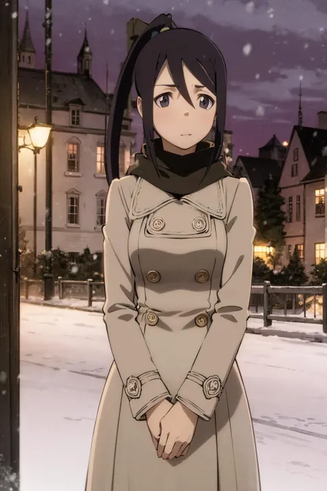 (masterpiece:1.2), tsubaki, ponytails, scarf, coat , detailed face, looking at viewer, night, town, winter, snowing,  <lora:Tsubaki-000007:1>
