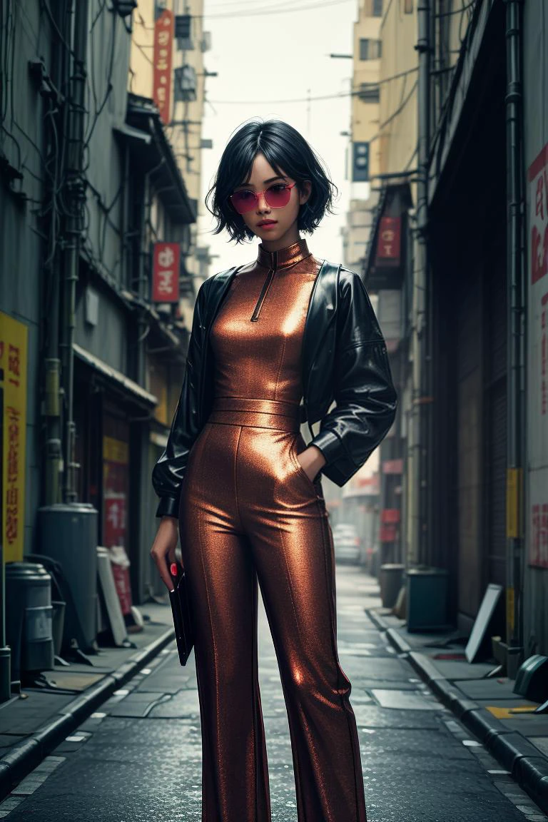 (best quality, masterpiece)1.3, hdr, 8k,
BREAK
Young, black woman in a colorful, patterned jumpsuit with bell-bottom pants, standing against a neon-lit alleyway backdrop in Hong Kong's gritty urban landscape. She wears oversized sunglasses and holds a leather-bound notebook, looking intently at the camera as if she's just uncovered a crucial piece of evidence. The scene has an old-school film grain texture, reminiscent of 1970s celluloid. <lora:lcm_sd15:1.0> <lora:add_detail:0.75> <lora:breastsizeslideroffset:-0.5> <lora:improve_backgrounds:0.75>