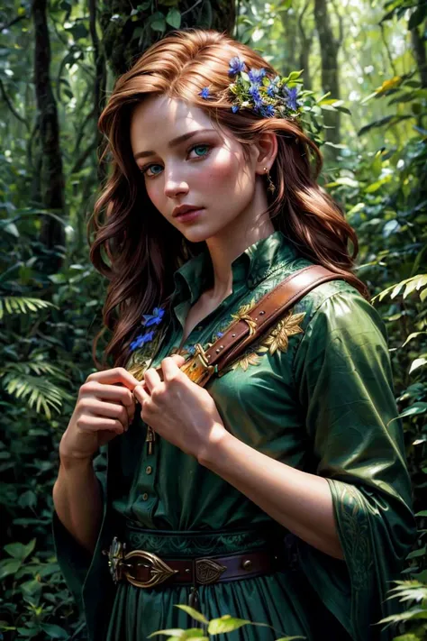 an awarded profesional photo of  jennifer lawerence as Elena "Lena" Evergreen: An adventurous botanist with emerald eyes and unruly, auburn hair. Raised in a small village surrounded by lush forests, Lena possesses a deep connection with nature. She carries a tattered leather journal filled with pressed flowers and sketches of undiscovered plant species. Her dream is to explore uncharted territories and discover rare, mystical flora. , ultradetailed, intricated face,(face details:1.1),perfect eyes, ideal body posture,perfect body proportions, by jeremy mann, by sandra chevrier, by maciej kuciara,(masterpiece:1.2),(ultradetailed:1.1), ultrasharp, (perfect, body:1.1),(realistic:1.3),(real shadow:1.2),3photo Fujifilm XT3, ,(perfect body proportions:1.1)<lyco:GoodHands-beta2:1>, intricated hands,(by Michelangelo),(profesional lights:1.3) (profesional photography:1.3),in Emberwood Grove: A mysterious and ancient forest that seems to be constantly ablaze with golden-hued leaves. The trees emit a soft, warm glow, giving the entire forest an ethereal appearance., cowboy shot (character focus:1.1), depth of field,  perfect body proportions,   realistic skin details  BREAK,  ultrasharp, ultradetailed, perfect quality, masterpiece, intricated details, ultra clear,  <lora:add_detail:0.7>, <hypernet:sxzBloom_sxzBloom:0.3>,  detailed skin perfectly detailed face, sharp face,