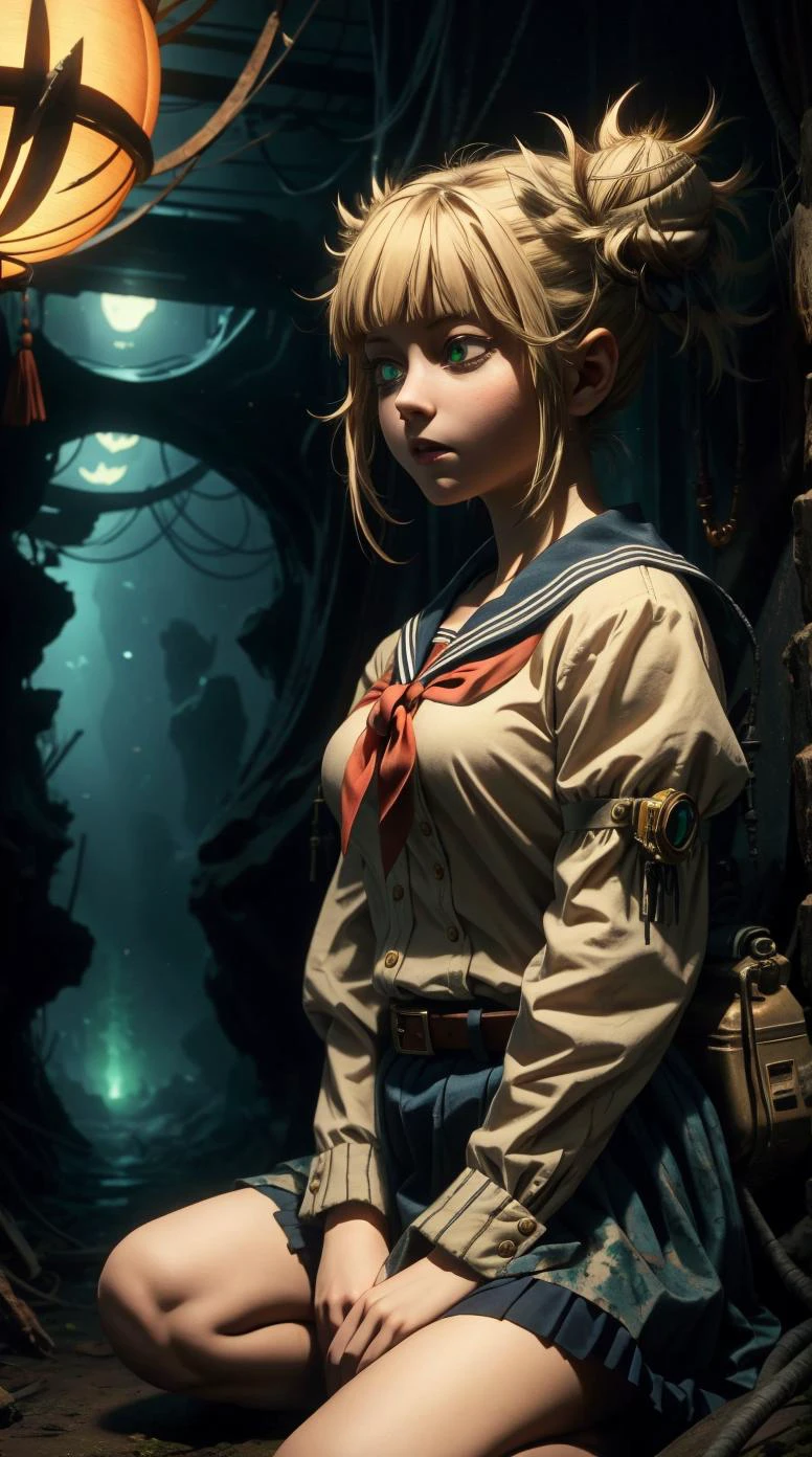 a profesional picture of 1 girl, young girl,(small breasts:1.3) ,astetic beauty, <lora:himikotoganova:0.76> himikotoganova, 1girl, double bun, messy hair, yellow eyes, sailor collar , dresed as Scientist , Eager Inquiry: Leaning forward slightly, their hands may rest on their knees as they ask a question with eagerness. Their eyes are wide, and their voice is filled with curiosity. , happy in Dark and haunted caves realistic ,perfect quality,best quality,ultrasharp,ultradetailed,perfect quality,masterpiece,intricated details, cowboy shot <lora:add_detail:0.4> , <hypernet:sxzBloom_sxzBloom:0.4> , <lora:GoodHands-beta2:1><lora:halloweenTech:0.4> halloweentech , scifi, supernatural green, spooky hotify