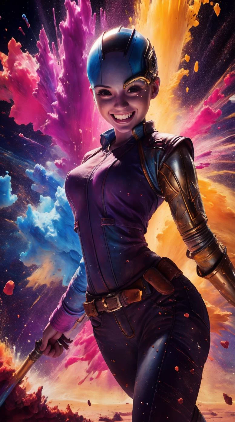 a profesional picture of 1 girl, young girl,(small breasts:1.3) ,astetic beauty, <lora:Nebula:0.79> nebula , dresed as chemist , Carefree Joy: Standing in a light tiptoe, their shoulders rise, creating an impression of weightlessness. Their face is beaming with a smile, and their eyes shine with happiness. Their body is relaxed, and an aura of sheer joy surrounds them. , happy in armory realistic ,perfect quality,best quality,ultrasharp,ultradetailed,perfect quality,masterpiece,intricated details, cowboy shot <lora:add_detail:0.4> , <hypernet:sxzBloom_sxzBloom:0.4> , <lora:GoodHands-beta2:1><lora:md2034:0.59> md, colorful, paint splatter, abstract, star \(sky\), gradient, still life, multicolored background hotify
