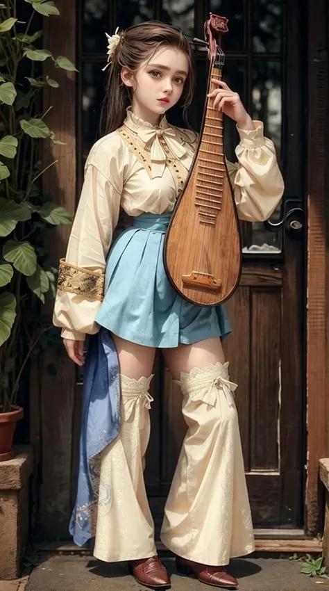 a profesional picture of 1 girl, young girl,(small breasts:1.3) ,astetic beauty, <lora:Sophia Lillis:0.77> skswoman, 1girl , dresed as Puff sleeve blouse and mini skirt , archer pose , panicked in Sinister haunted fairground realistic ,perfect quality,best quality,ultrasharp,ultradetailed,perfect quality,masterpiece,intricated details, full body shot <lora:add_detail:0.4> , <hypernet:sxzBloom_sxzBloom:0.4> , <lora:GoodHands-beta2:1><lora:pipa_v2:0.76> pipa, playing_pipa hotify