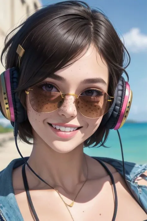 1girl, close up face, very messy short hair, freckles across bridge of nose and cheekbones, huge flirty smile, sunglasses with colored lenses, big chunky headphones