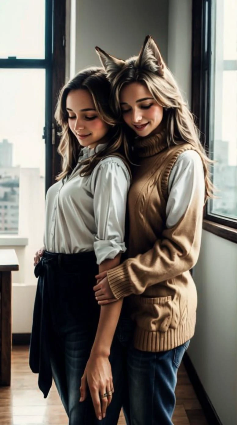 a profesional picture of 1 girl, young girl,(small breasts:1.3) ,astetic beauty, <lora:yukino:0.75> yukino, 1girl, fox ears, fox tail, long hair , dresed as Sweater vest and mom jeans , Supportive Arm Around the Shoulder: Slipping their arm around someone's shoulder in a casual hug, they offer support and camaraderie. Their eyes meet the other person's with warmth. , sad in Haunted hospital realistic ,perfect quality,best quality,ultrasharp,ultradetailed,perfect quality,masterpiece,intricated details, focus on character <lora:add_detail:0.4> , <hypernet:sxzBloom_sxzBloom:0.4> , <lora:GoodHands-beta2:1><lora:bf_style:0.8> bf_holding_hands, with, holding, hands hotify
