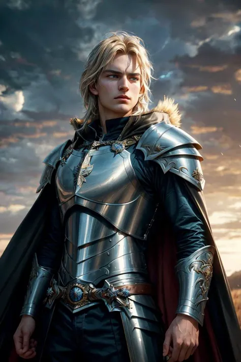 an awarded profesional photo of  aryastartk-maisiewilliams as Tristan Stormbringer (Paladin - Male): Tristan is a resolute and gallant paladin, with windswept blond hair and deep blue eyes that inspire trust and admiration. He wears a suit of polished silver armor, adorned with symbols of honor and valor. Tristan's cape, emblazoned with celestial patterns, flows with a regal air. He wields a magnificent silver greatsword, imbued with the essence of storms, capable of unleashing lightning in battle. Tristan's unyielding courage and his unwavering sense of duty make him an inspiring leader and a true protector of the realm. , ultradetailed, intricated face,(face details:1.1),perfect eyes, ideal body posture,perfect body proportions, by jeremy mann, by sandra chevrier, by maciej kuciara,(masterpiece:1.2),(ultradetailed:1.1), ultrasharp, (perfect, body:1.1),(realistic:1.3),(real shadow:1.2),3photo Fujifilm XT3, ,(perfect body proportions:1.1)<lyco:GoodHands-beta2:1>, intricated hands,(by Michelangelo),(profesional lights:1.3) (profesional photography:1.3),in Duskmire Marsh: A marshland where the sun never fully penetrates, leaving it in a perpetual twilight., cowboy shot (character focus:1.1), depth of field,  perfect body proportions,   realistic skin details  BREAK,  ultrasharp, ultradetailed, perfect quality, masterpiece, intricated details, ultra clear,  <lora:add_detail:0.7>, <hypernet:sxzBloom_sxzBloom:0.3>,  detailed skin perfectly detailed face, sharp face,