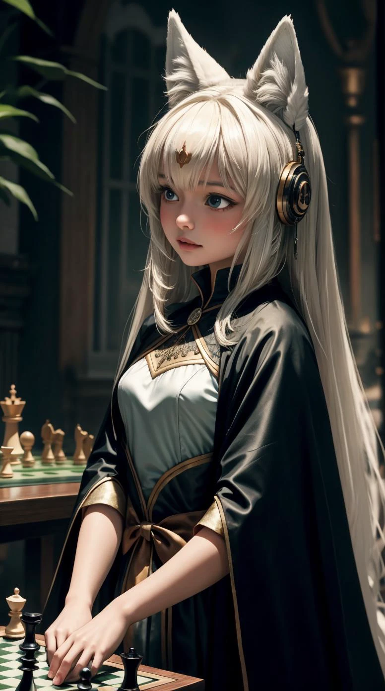 a profesional picture of 1 girl, young girl,(small breasts:1.3) ,astetic beauty, <lora:yukino:0.75> yukino, 1girl, fox ears, fox tail, long hair , dresed as Gown with a Sequined Cape , Intense Chess Concentration: Leaning over a chessboard, they study the pieces with deep concentration. Their finger taps their chin occasionally as they strategize their next move. , fear in Sinister haunted factory realistic ,perfect quality,best quality,ultrasharp,ultradetailed,perfect quality,masterpiece,intricated details, close up <lora:add_detail:0.4> , <hypernet:sxzBloom_sxzBloom:0.4> , <lora:GoodHands-beta2:1>blowing wind hotify