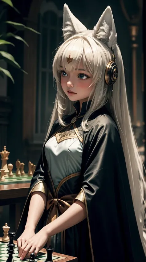 a profesional picture of 1 girl, young girl,(small breasts:1.3) ,astetic beauty, <lora:yukino:0.75> yukino, 1girl, fox ears, fox tail, long hair   , dresed as Gown with a Sequined Cape  , Intense Chess Concentration: Leaning over a chessboard, they study the pieces with deep concentration. Their finger taps their chin occasionally as they strategize their next move.  , fear  in Sinister haunted factory  realistic ,perfect quality,best quality,ultrasharp,ultradetailed,perfect quality,masterpiece,intricated details,  close up  <lora:add_detail:0.4> , <hypernet:sxzBloom_sxzBloom:0.4>  , <lora:GoodHands-beta2:1>blowing wind    hotify