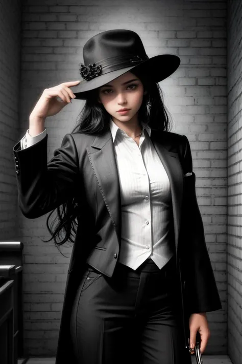 (best quality, masterpiece)1.3, hdr, 8k,
BREAK
Young Libyan woman dressed in a tailored suit and fedora, posing against the backdrop of a smoky speakeasy scene with a tommy gun peeking out from her pocket. Black and white film still, with intricate details such as the textured fabric of her suit jacket and hat, the rough edges of the gun's metal, and the gritty texture of the brick wall behind her.  <lora:lcm_sd15:1.0> <lora:add_detail:0.75> <lora:breastsizeslideroffset:-0.5> <lora:improve_backgrounds:0.75>