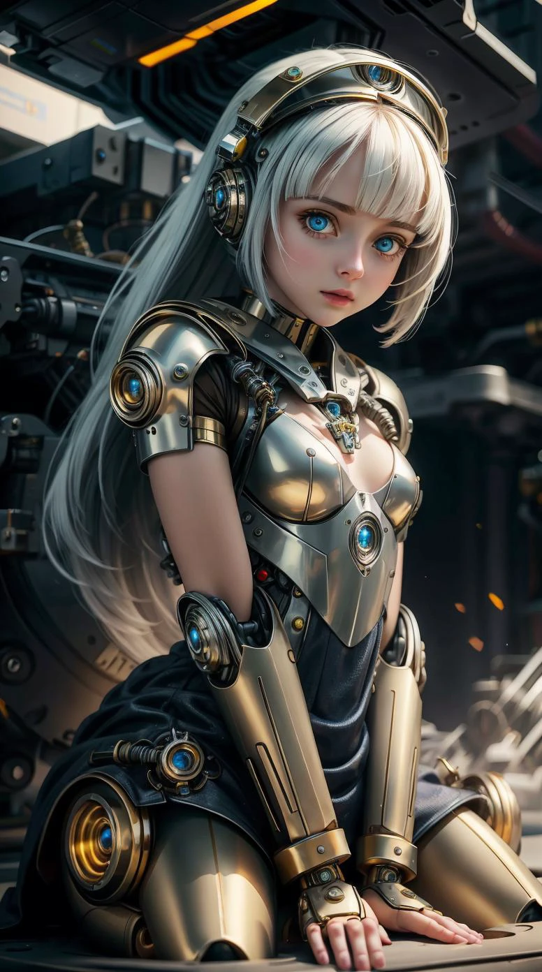 a profesional picture of 1 girl, young girl,(small breasts:1.3) ,astetic beauty, <lora:mshn:0.7> mshn, mshn robot, a mshn photo cyborg girl , porcelain skin, metal arms, robotic fingers, cyber eyes , dresed as Dress with a Fringe Trim , Eager Lean: Leaning forward with keen interest, their hands might rest on their knees as they engage intently in a conversation. Their eyes are bright with curiosity. , happy in laboratory realistic ,perfect quality,best quality,ultrasharp,ultradetailed,perfect quality,masterpiece,intricated details, cowboy shot <lora:add_detail:0.4> , <hypernet:sxzBloom_sxzBloom:0.4> , <lora:GoodHands-beta2:1><lora:BlessedTech:0.4> blessedtech, blessed, aura hotify