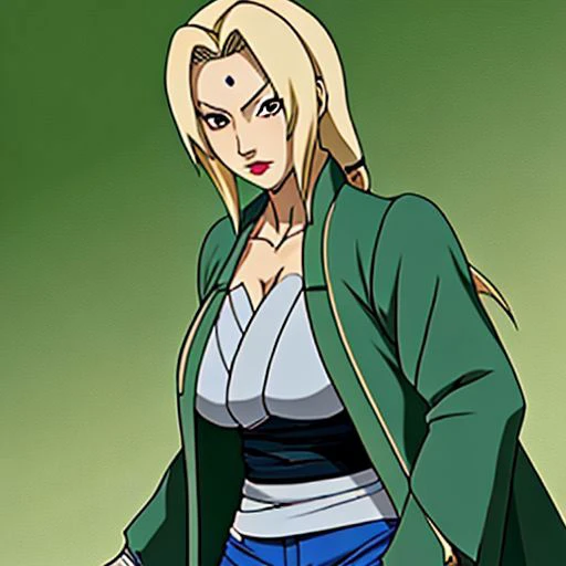 Tsunade, blonde hair, large breasts, mature female, blue pants, green coat, chest bandage