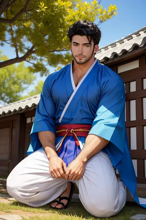 stubble, bara, handsome very muscular male of 21 years with detailed face and detailed eyes, depressed, wearing a detailed hanbok, kneeling, detailed  laundry background, sunny day
by Tite Kubo (ä¹ä¿ å¸¯äºº),U, covered nipples,
dynamic perspective, high quality, anime style,