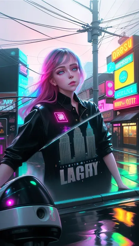 Small Town Girl, bustling city street at night, glowing neon lights reflecting off the wet pavement, in a dreamy and surreal style, Highly detailed, art by alex garant and agnes cecile and casey weldon, Sharp focus, Digital painting, trending on artstation