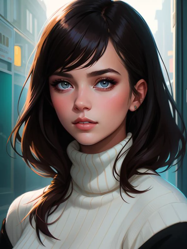 A stunning intricate full color portrait of attractive woman, wearing a black turtleneck, epic character composition, by ilya kuvshinov, alessio albi, nina masic, sharp focus, natural lighting, subsurface scattering, f2, 35mm, film grain