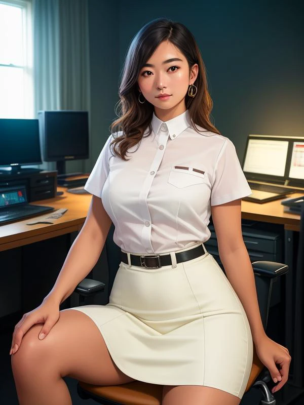 best quality, (intricate details:1. 3), hyper detail, finely detailed, colorful, delicate, 8k uhd, film grain, (studio lighting:1. 2), (Fujifilm XT3), (detailed skin:1. 2), ultra high res, best quality, photo, 4k, in the dark, deep shadow, low key, (realistic, photo-realistic:1. 4), Gini, a girl, Office, sit on the desk, Career Suit, Skinny Pencil Skirt