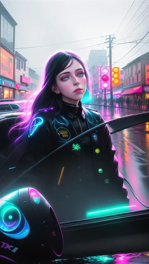 Small Town Girl, bustling city street at night, glowing neon lights reflecting off the wet pavement, in a dreamy and surreal style, Highly detailed, art by alex garant and agnes cecile and casey weldon, Sharp focus, Digital painting, trending on artstation