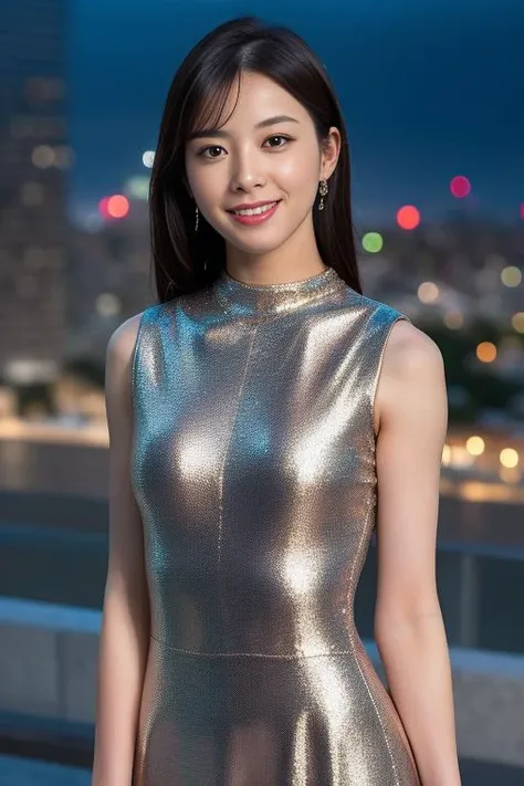 1girl,(wearing a sleeveless glittery evening dress:1.4),(RAW photo, best quality), (realistic, photo-realistic:1.4), masterpiece, an extremely delicate and beautiful, extremely detailed, 2k wallpaper, Amazing, finely detail, extremely detailed CG unity 8k wallpaper, ultra-detailed, highres, soft light, beautiful detailed girl, extremely detailed eyes and face, beautiful detailed nose, beautiful detailed eyes,cinematic lighting,city lights at night,perfect anatomy,slender body,smiling.bokeh, <lora:taharamomo_lora:0.7>