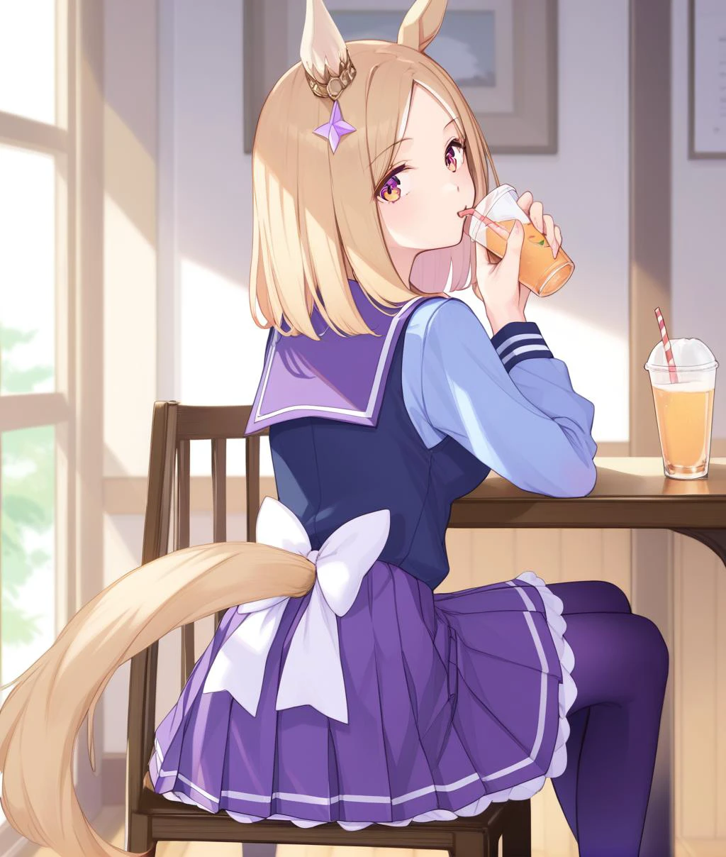 score_9, score_8_up, score_7_up BREAK
tracen_uniform, 1girl, solo, looking at viewer, bangs, skirt, blonde hair, shirt, long sleeves, bow, holding, animal ears, sitting, school uniform, tail, pantyhose, pleated skirt, serafuku, day, looking back, medium hair, sailor collar, from behind, cup, parted bangs, chair, horse ears, white bow, horse girl, holding cup, horse tail, purple skirt, drinking straw, purple shirt, drinking, purple thighhighs, <lora:Naritatoproad-ponyXL:1>,
five fingers,