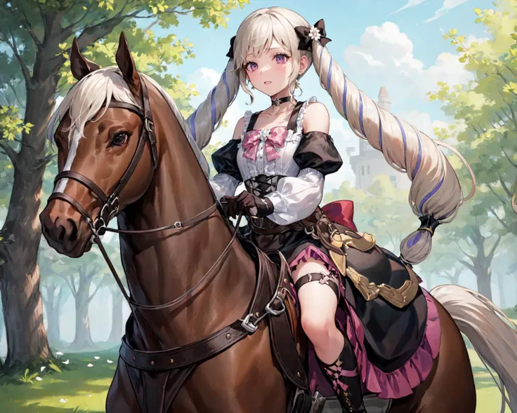<lora:micaiahV3:0.8>, nin_micaiah,ponytail, (horse,riding a horse,saddle,reins:1.1), gloves,smile, blue scarf, black gloves, fingerless gloves, elbow gloves, sleeveless dress,ribbon, sarashi, black thighhighs, side slit,bare shoulders, japanese clothes, bracelet, sash, obi, sleeveless kimono, bangle,tabi,tatami, (masterpiece, best quality, ultra-detailed, best shadow)