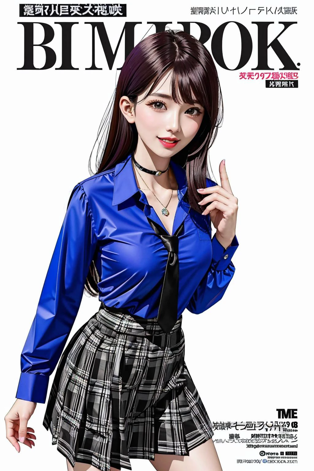 masterpiece, best quality, full body, 1girl, bangs, black choker, black necktie, black hair, blue skirt, blush, bracelet, breasts, choker, clothes around waist, collarbone, collared shirt, cowboy shot, dress shirt, ear piercing, eyebrows visible through hair, gradient hair, grin, gyaru, jewelry, kogal, long hair, looking at viewer, loose necktie, necktie, piercing, plaid, plaid skirt, pleated skirt, red eyes, ring, school uniform, shirt, skirt, smile, solo, white shirt, street, sky, cherry blossoms, petals,illustration, (magazine:1.3), (cover-style:1.3), fashionable, woman, vibrant, outfit, posing, front, colorful, dynamic, background, elements, confident, expression, holding, statement, accessory, majestic, coiled, around, touch, scene, text, cover, bold, attention-grabbing, title, stylish, font, catchy, headline, larger, striking, modern, trendy, focus, fashion,