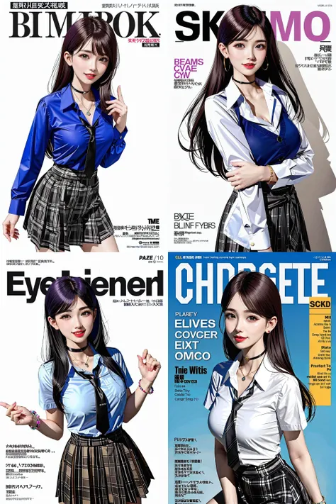 masterpiece, best quality, full body, 1girl, bangs, black choker, black necktie, black hair, blue skirt, blush, bracelet, breasts, choker, clothes around waist, collarbone, collared shirt, cowboy shot, dress shirt, ear piercing, eyebrows visible through hair, gradient hair, grin, gyaru, jewelry, kogal, long hair, looking at viewer, loose necktie, necktie, piercing, plaid, plaid skirt, pleated skirt, red eyes, ring, school uniform, shirt, skirt, smile, solo, white shirt, street, sky, cherry blossoms, petals,illustration, (magazine:1.3), (cover-style:1.3), fashionable, woman, vibrant, outfit, posing, front, colorful, dynamic, background, elements, confident, expression, holding, statement, accessory, majestic, coiled, around, touch, scene, text, cover, bold, attention-grabbing, title, stylish, font, catchy, headline, larger, striking, modern, trendy, focus, fashion,