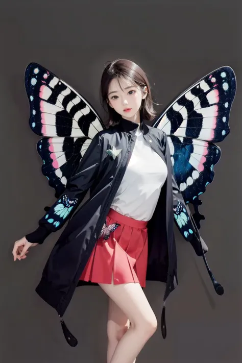 Standing without action,(big Lepidoptera:1.7),girl:1,Jacket,Centered,(Solid background:1.2),(Bust:1.1),(Small breast:1.3),