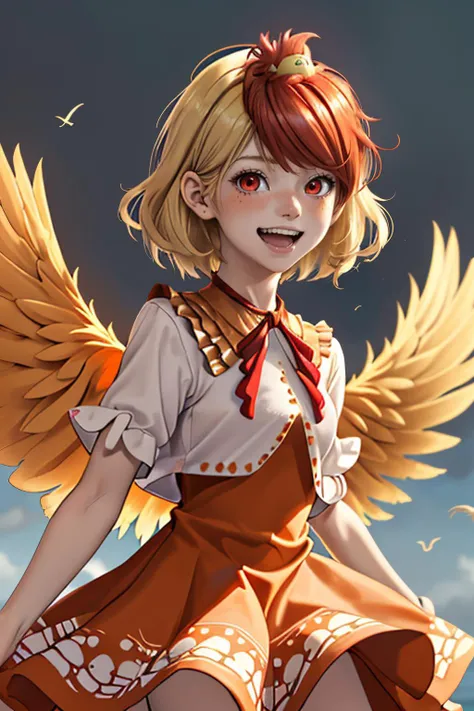 depth of field, orange dress, looking at viewer, animal, wings, blonde hair, feathered wings, :d, cropped shirt, two-tone hair, upper teeth only, red ribbon, chick, 1girl, smile, red hair, dress, rainbow, niwatari kutaka, open mouth, ribbon, blurry, solo, short hair, bird, red eyes, on head, bird wings, neck ribbon, teeth, thank you, shirt, animal on head, light blush, bird on head, cowboy shot, short sleeves, multicolored hair, white shirt  <lora:KutakaNiwatari:0.8>