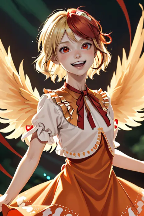 depth of field, orange dress, looking at viewer, animal, wings, blonde hair, feathered wings, :d, cropped shirt, two-tone hair, upper teeth only, red ribbon, chick, 1girl, smile, red hair, dress, rainbow, niwatari kutaka, open mouth, ribbon, blurry, solo, short hair, bird, red eyes, on head, bird wings, neck ribbon, teeth, thank you, shirt, animal on head, light blush, bird on head, cowboy shot, short sleeves, multicolored hair, white shirt  <lora:KutakaNiwatari:0.8>