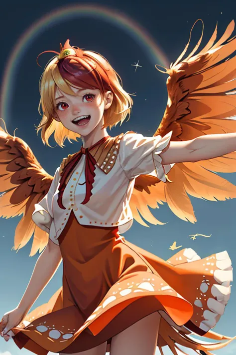 depth of field, orange dress, looking at viewer, animal, wings, blonde hair, feathered wings, :d, cropped shirt, two-tone hair, upper teeth only, red ribbon, chick, 1girl, smile, red hair, dress, rainbow, niwatari kutaka, open mouth, ribbon, blurry, solo, short hair, bird, red eyes, on head, bird wings, neck ribbon, teeth, thank you, shirt, animal on head, light blush, bird on head, cowboy shot, short sleeves, multicolored hair, white shirt  <lora:KutakaNiwatari:0.8>