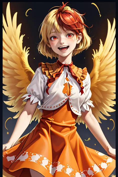 depth of field, orange dress, looking at viewer, animal, wings, blonde hair, feathered wings, :d, cropped shirt, two-tone hair, upper teeth only, red ribbon, chick, 1girl, smile, red hair, dress, rainbow, niwatari kutaka, open mouth, ribbon, blurry, solo, short hair, bird, red eyes, on head, bird wings, neck ribbon, teeth, thank you, shirt, animal on head, light blush, bird on head, cowboy shot, short sleeves, multicolored hair, white shirt  <lora:KutakaNiwatari:0.8>