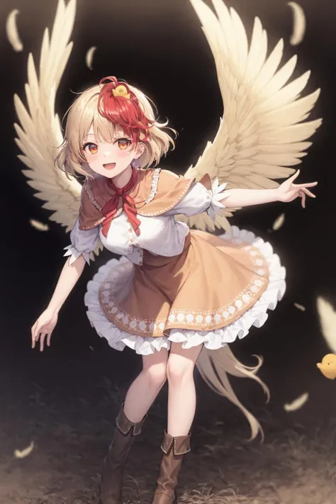 masterpiece, best quality,
<lora:KutakaNiwatari:1>,1girl, blonde hair, wings, solo, red hair, niwatari kutaka, multicolored hair, petticoat, two-tone hair, feathered wings, shirt, short sleeves, white shirt, looking at viewer, bird, feathers, animal on head, tail feathers, orange dress, yellow wings, puffy sleeves, full body, brown footwear, puffy short sleeves, on head, blush, chick, dress, breasts, capelet, short hair, frills, boots, smile, red eyes, tail, skirt, red ribbon, black background, bangs, animal, ribbon, neck ribbon, medium breasts, leaning forward, standing, bird on head, frilled skirt, hand up, orange skirt, orange eyes, simple background, open mouth, bird wings