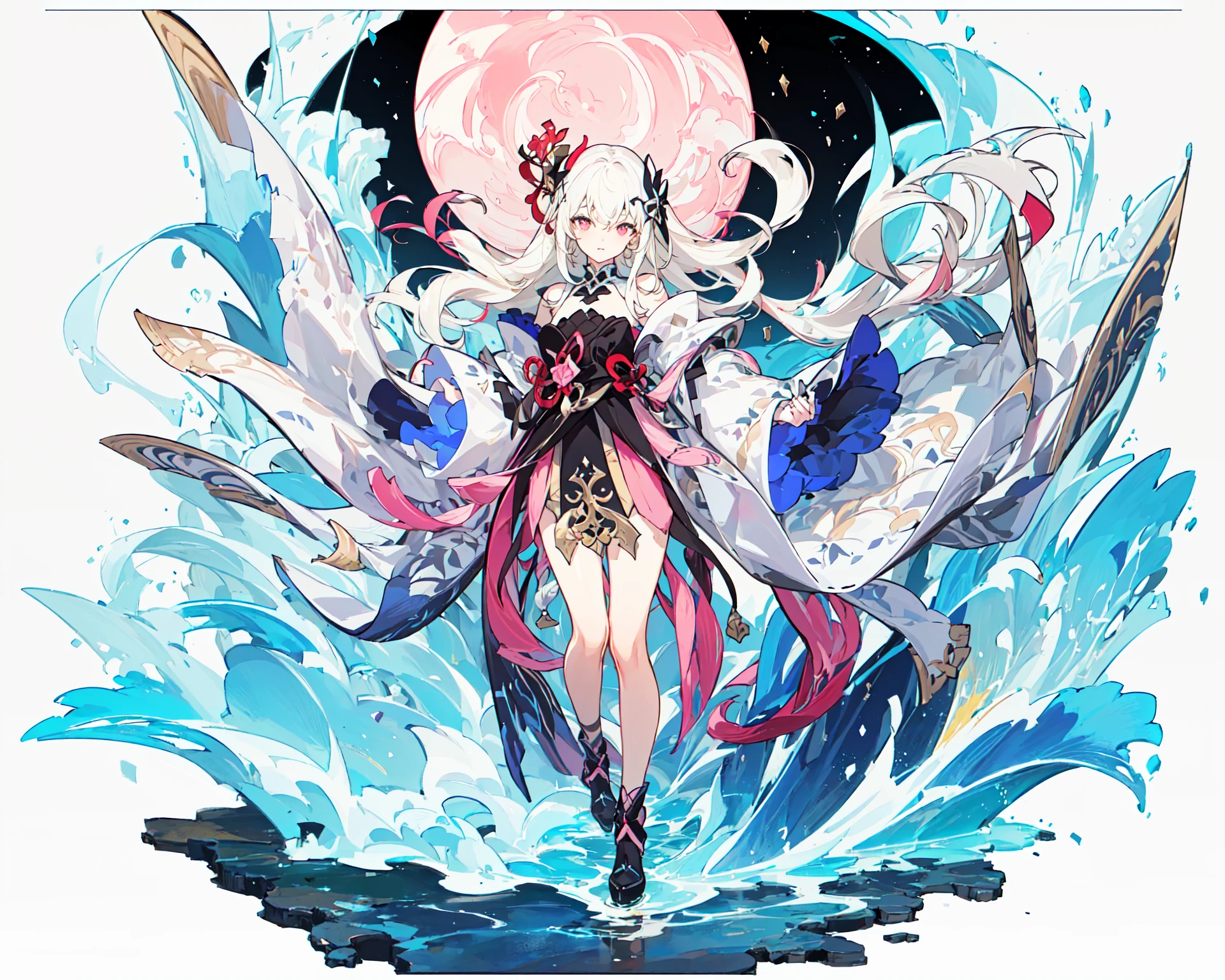 ((masterpiece)), ((high detail)), 1girl, ((ultra-detailed)),((delicate face)), Beautiful detailed eyes, (White blonde hair in gradations with red highlights,gradient hair),long hair, floating hair, ,hairs between eyes, GSHead,1girl ,solo,red eyes,genshin_impact,look at the viewer, <lora:gsr:0.7>,((full_body,distant view)), ((white background)), (Tarot cards border, outside border), ,<lora:tachi-e:1>,Wide Angle shot, strong light and shadow, cinematographic lens,((Floating and flying in the sky,with cotton-like clouds)),((pink cloud surround))