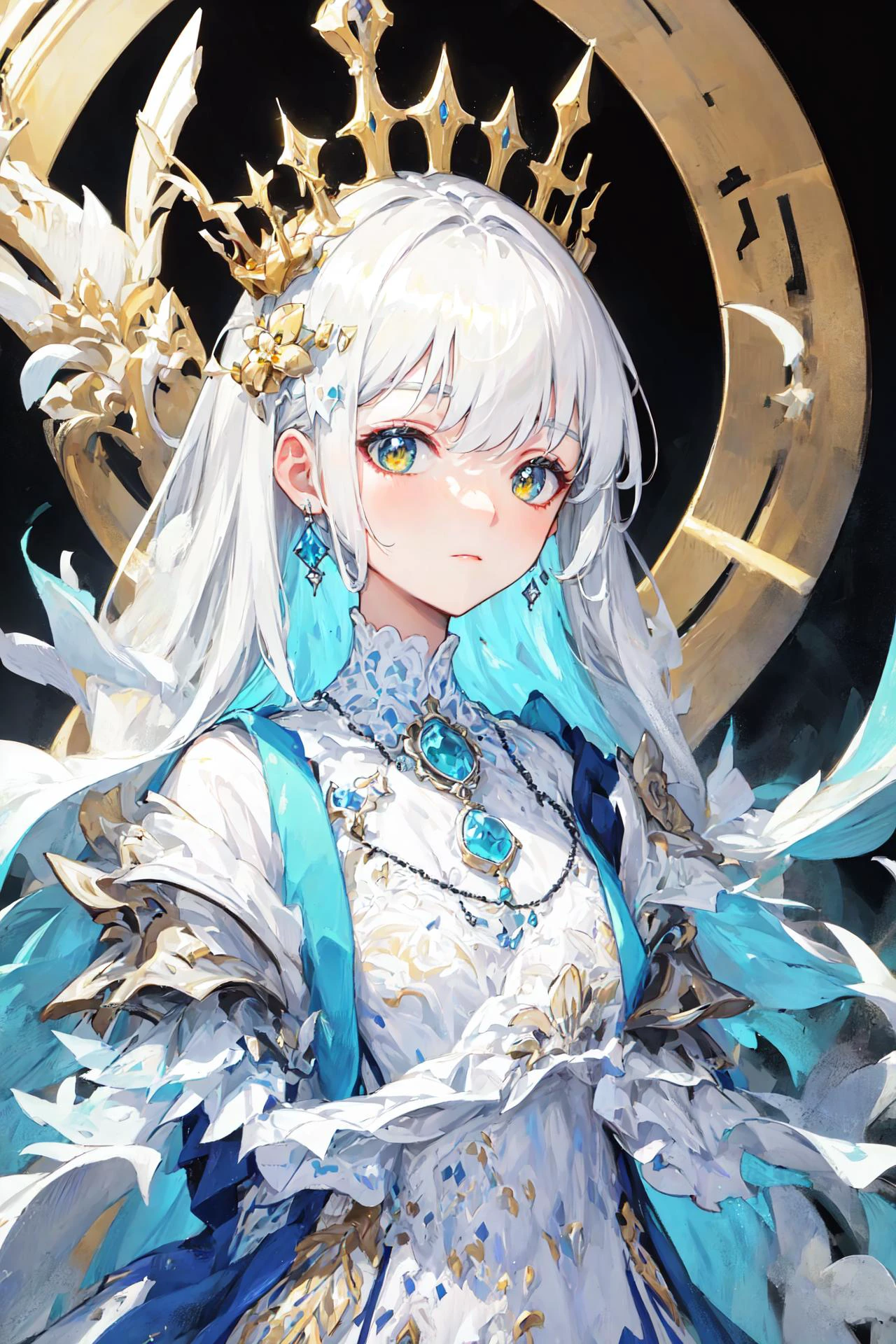 (masterpiece, best quality: 1.4), detailed background, white crystal, crysal cluster,long hair,jewelry, earrings, necklace, crown, bride, white hair, halo, <lora:tam:1>, <lora:gsr:0.8>