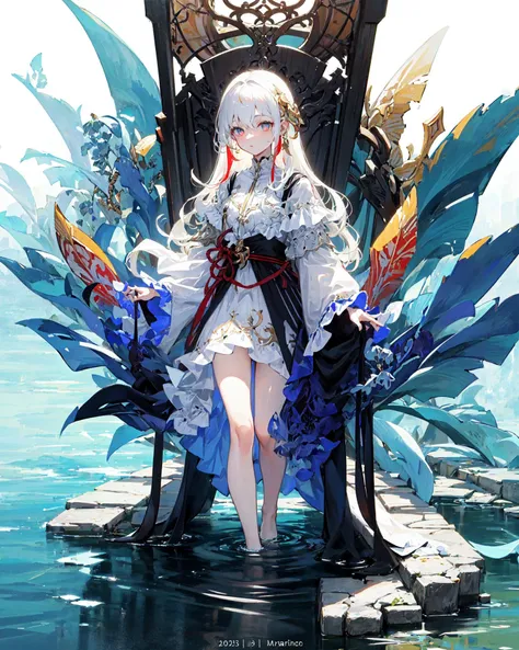 ((masterpiece)), ((high detail)), 1girl, ((ultra-detailed)),((delicate face)), Beautiful detailed eyes, (White blonde hair in gradations with red highlights,gradient hair),long hair, floating hair, ,hairs between eyes, GSHead,1girl ,solo,red eyes,genshin_impact,look at the viewer, ((full_body,distant view)), ((white background)), (Tarot cards border, outside border), Highly reflective mirror-like water underfoot,Step on the lake,,Wide Angle shot, strong light and shadow, cinematographic lens , <lora:tam+gsr:0.7>