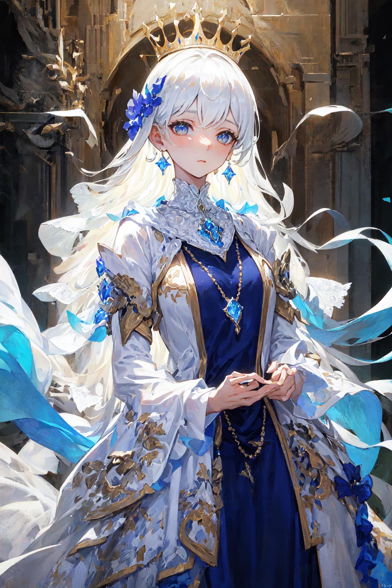 A woman in a blue dress and white hair standing in front of a building ...