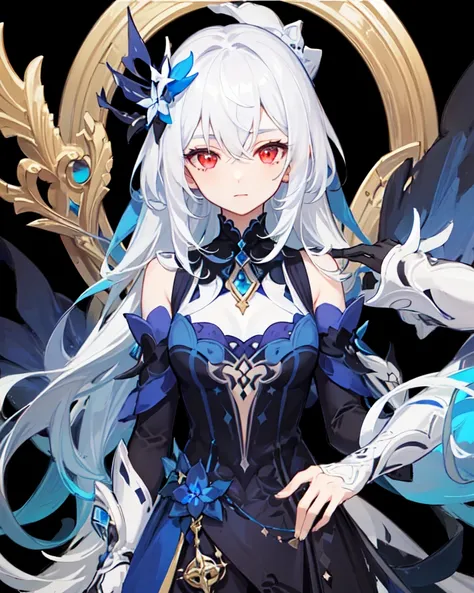 ((masterpiece)), ((high detail)), 1girl,  ((ultra-detailed)),((delicate face)),  Beautiful detailed eyes, gradient hair,hairs between eyes, GSHead,1girl ,solo,white hair,red eyes,genshin_impact, black_background,look at the viewer,  <lora:gsr:0.7>