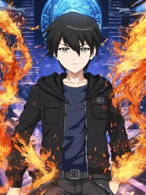anime artwork <lora:Choi_Kang-rim_v1.18:0.8>, a young boy Choi Kang-rim, black hair, detailed green eyes with black pupil, complex background, dystopia, full shot, wearing a black jacket with blue shirt with serious looking, 8k, uhd, (masterpiece, best quality, ultra-detailed, best shadow), black pants, long sleeves, shoulder armor, armor, magic, (detailed background,dark fantasy), depth of field,black light particles, symbol-shaped_pupils, 12 years old, pyro, black cloak . anime style, key visual, vibrant, studio anime, highly detailed