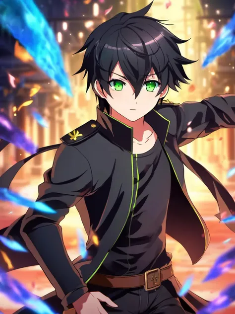 anime artwork <lora:Choi_Kang-rim_v1:0.8>, (anime boy Choi Kang-rim), black hair, green eyes, complex background, dystopia, full shot, wearing a black jacket with black shirt with serious looking, 8k, uhd, (masterpiece, best quality, ultra-detailed, best shadow),  black pants, long sleeves, shoulder armor, armor, magic, (detailed background,dark fantasy), depth of field,black light particles . anime style, key visual, vibrant, studio anime,  highly detailed