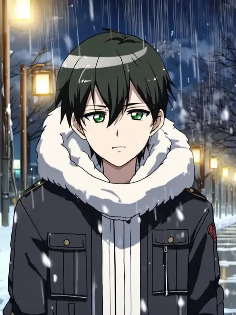 best quality, masterpiece, night, winter,((snow is falling)), <lora:Choi_Kang-rim_v1:0.8>, anime boy Choi Kang-rim, standing on the sidewalk during winter in Seoul, winter white jacket, black hair, green eyes, winter pants