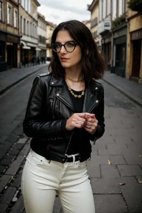 <lora:SaraBell_v1.1:1> SaraBell
(female in a quaint eurpoean street theme),Beauty photo, facing viewer,
with (
Black leather jacket White high-waisted pants Black pumps Statement black and gold necklace,
:1.2)
(long wavy hair:1.1) hairstyle, (head tilt,:1.2)
detailed hair strand, ear, detailed upper torso, detailed eyes, detailed pupils, detailed iris, detailed nose, detailed lips, ears, detailed sideburns, eye reflection, ray tracing, path tracing, reflection,
in style of
Richard Avedon Portrait Large-format camera, high-quality lenses Simple backgrounds,
<lora:epiC35mm:1> epiCPhoto, (plunging neckline:-1) high noon day, clouds, rustic euro town background,