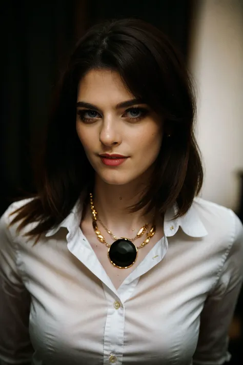 <lora:SaraBell_v1.1:1> SaraBell
(female in a dark theme),Beauty photo, facing viewer,
with (
White button-down shirt Dark blue skinny jeans Black pumps Statement gold necklace
:1.2)
(long wavy hair:1.1) hairstyle, (head tilt,:1.2)
detailed hair strand, ear, detailed upper torso, detailed eyes, detailed pupils, detailed iris, detailed nose, detailed lips, ears, detailed sideburns, eye reflection, ray tracing, path tracing, reflection,
in style of
Richard Avedon Portrait Large-format camera, high-quality lenses Simple backgrounds,
<lora:epiC35mm:1> epiCPhoto, (plunging neckline:-1) dark shadowed background,