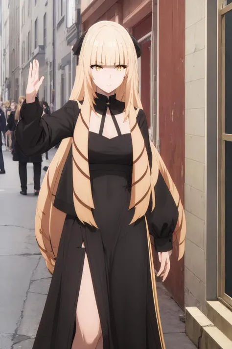 ((masterpiece, best quality, high quality, highres)):1.2,
outdoors, street, 
black dress, dress, long dress, 
Rose, blonde hair,  <lora:Rose_Oriana-03:1>