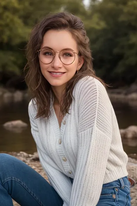 1girl, beautiful, (side view, tilted head, turned looking at viewer, light smile), brown hair, brown eyes, long hair, windy day, headwind, her hair flowing in the wind behind her, hand tucking her hair behind her ear, ((big round glasses)), wearing virgin destroyer sweater, virgin killer sweater, sleeveless, aran brown sweater, braless, autumn leaves flying, sexy, charming, stunning, enhance, delicate, (pale skin, real_skin), sunlight, golden hour,
autumn, wind, tree, fallen leaves, outdoors, best quality, high quality, highres, 8k, photo realistic, raw photo,