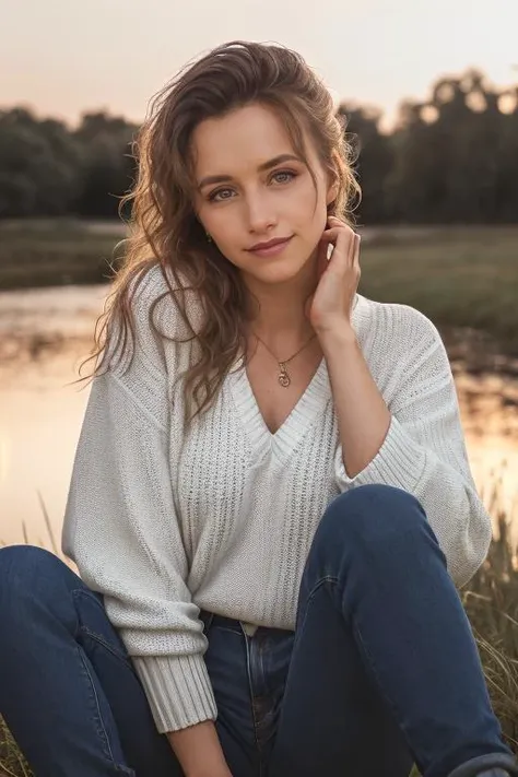 (((Close up head portrait))), ((Wearing a sweater)) and ((very distressed jeans)), ((Professional Photo Shoot)), ((in the country next to a river)), ((Sitting on the grass with legs crossed)), smiling, model shoot style, extremely intricate, High Detail, Sharp focus, dramatic, soft cinematic light, (looking at viewer), (Real Eyes), (Detailed Eye Corneas) (detailed pupils), smiling, 24mm, photo lab, elegant, insane details, hyperdetailed, low contrast, epiCRealism, (((SFW))) <lora:ANZ:0.85> Andrea Zuckerman