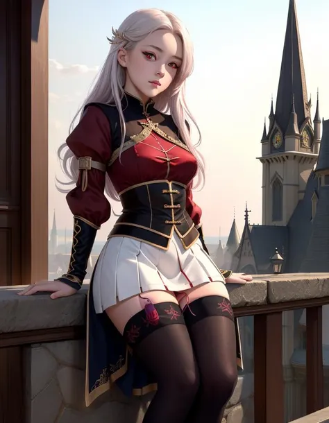 (masterpiece, top quality, best quality, official art, beautiful and aesthetic:1.2), cute girl, detailed face, (red eyes), small chest, long white hair, full body,  skirt and blouse, highest detailed,  fantasy medival city background, realistic, (vibrator in thighhighs), best quality, <lora:thighvibe:1>